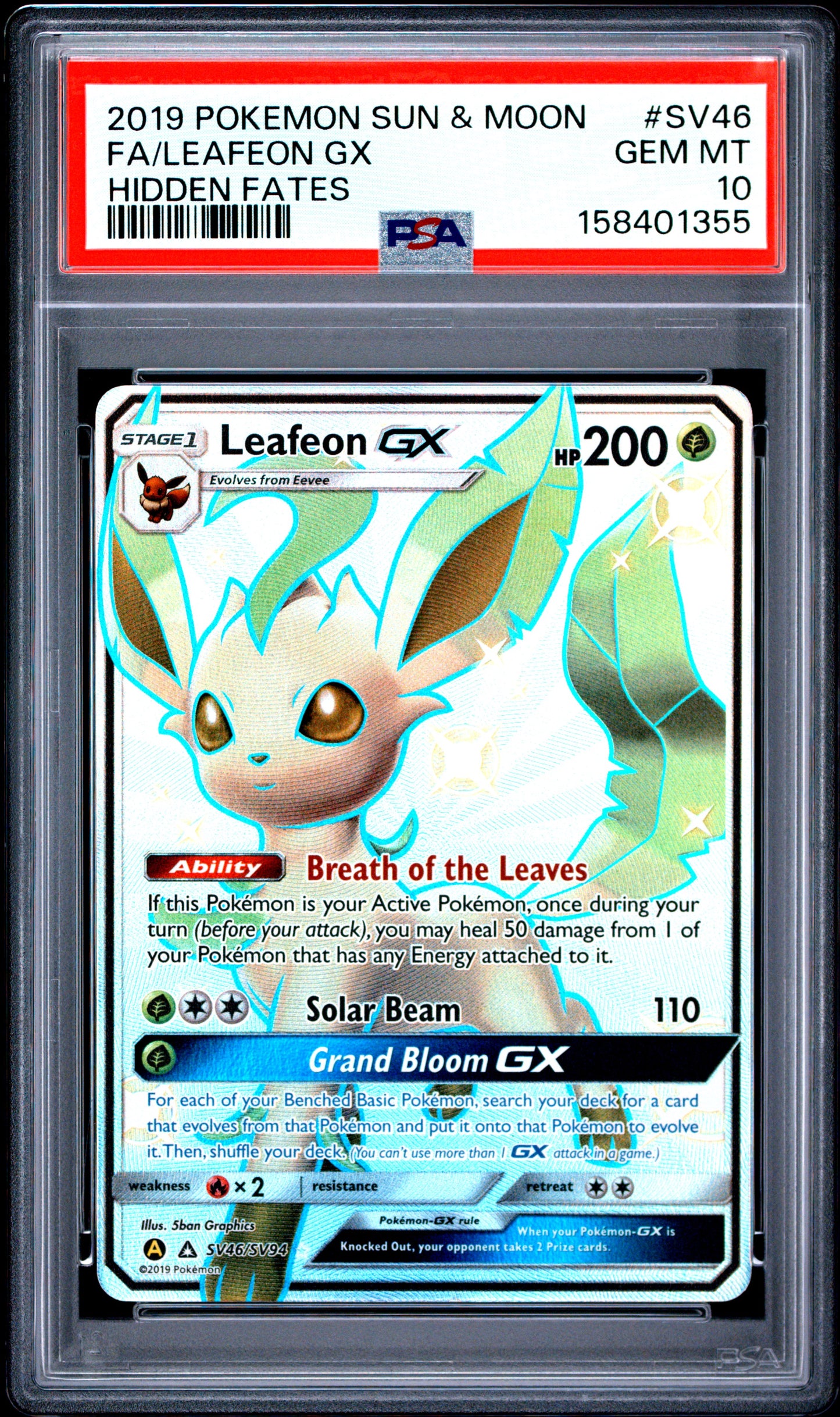 PSA 10 Sun & Moon Hidden Fates FA/Leafeon GX SV46/SV94